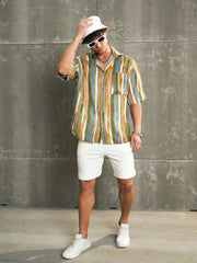 Men Brown & Green Stripe Paint Relax Fit Shirt-MSSHRT20566