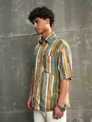 Men Brown & Green Stripe Paint Relax Fit Shirt-MSSHRT20566