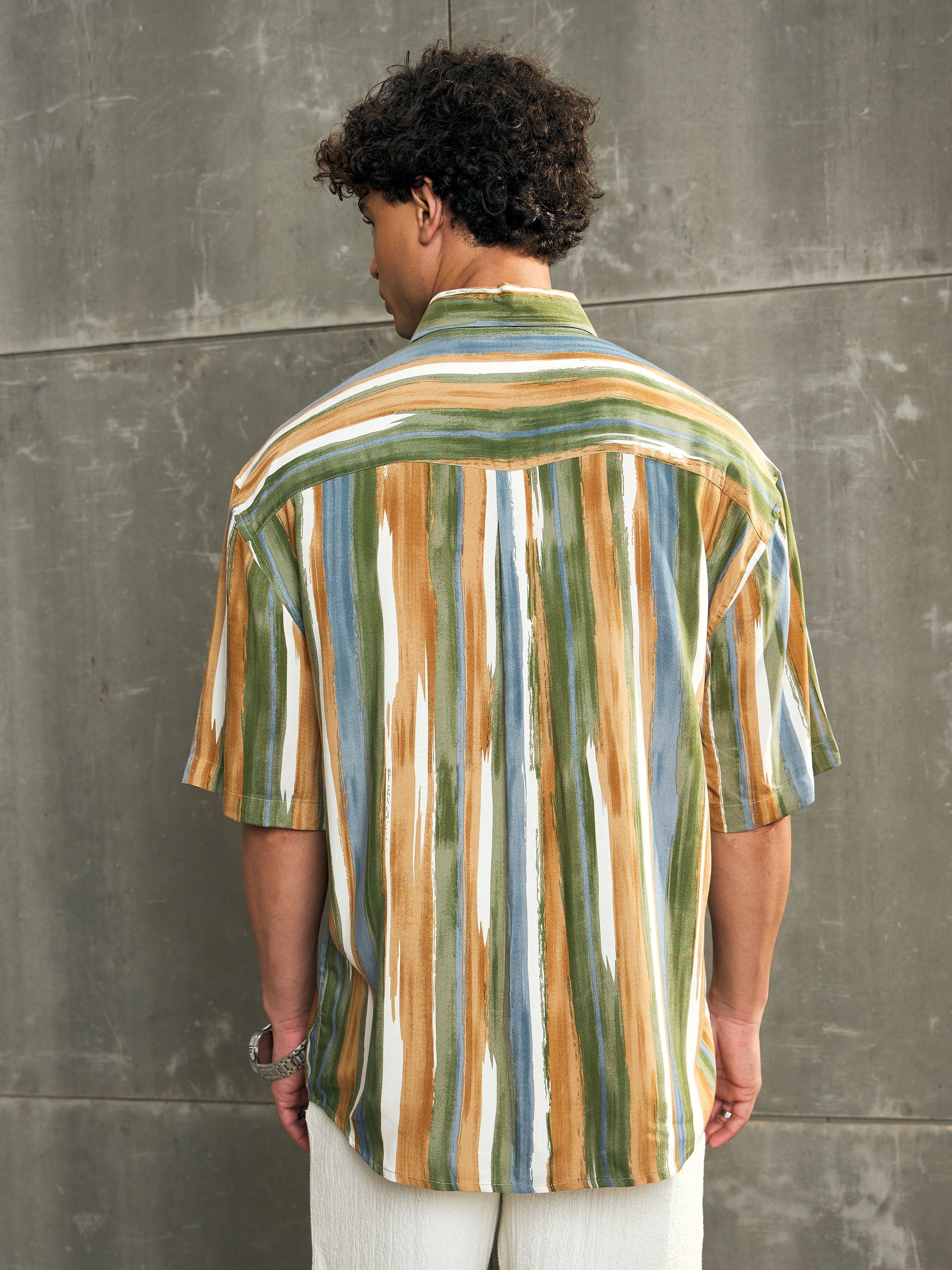Men Brown & Green Stripe Paint Relax Fit Shirt-MSSHRT20566