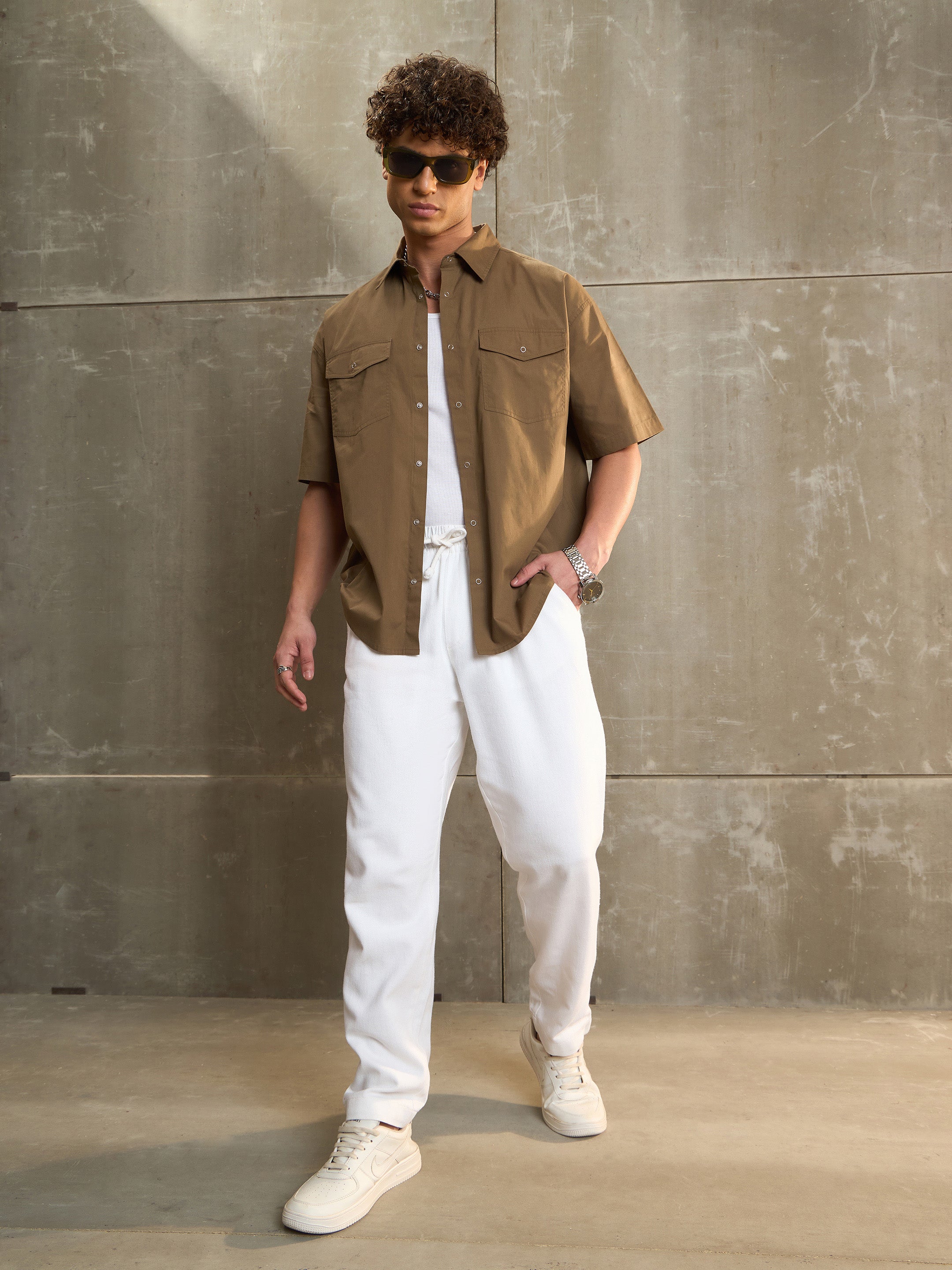 Men Olive Poplin Front Pocket Relax Fit Shirt-MSSHRT20579