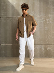 Men Olive Poplin Front Pocket Relax Fit Shirt-MSSHRT20579