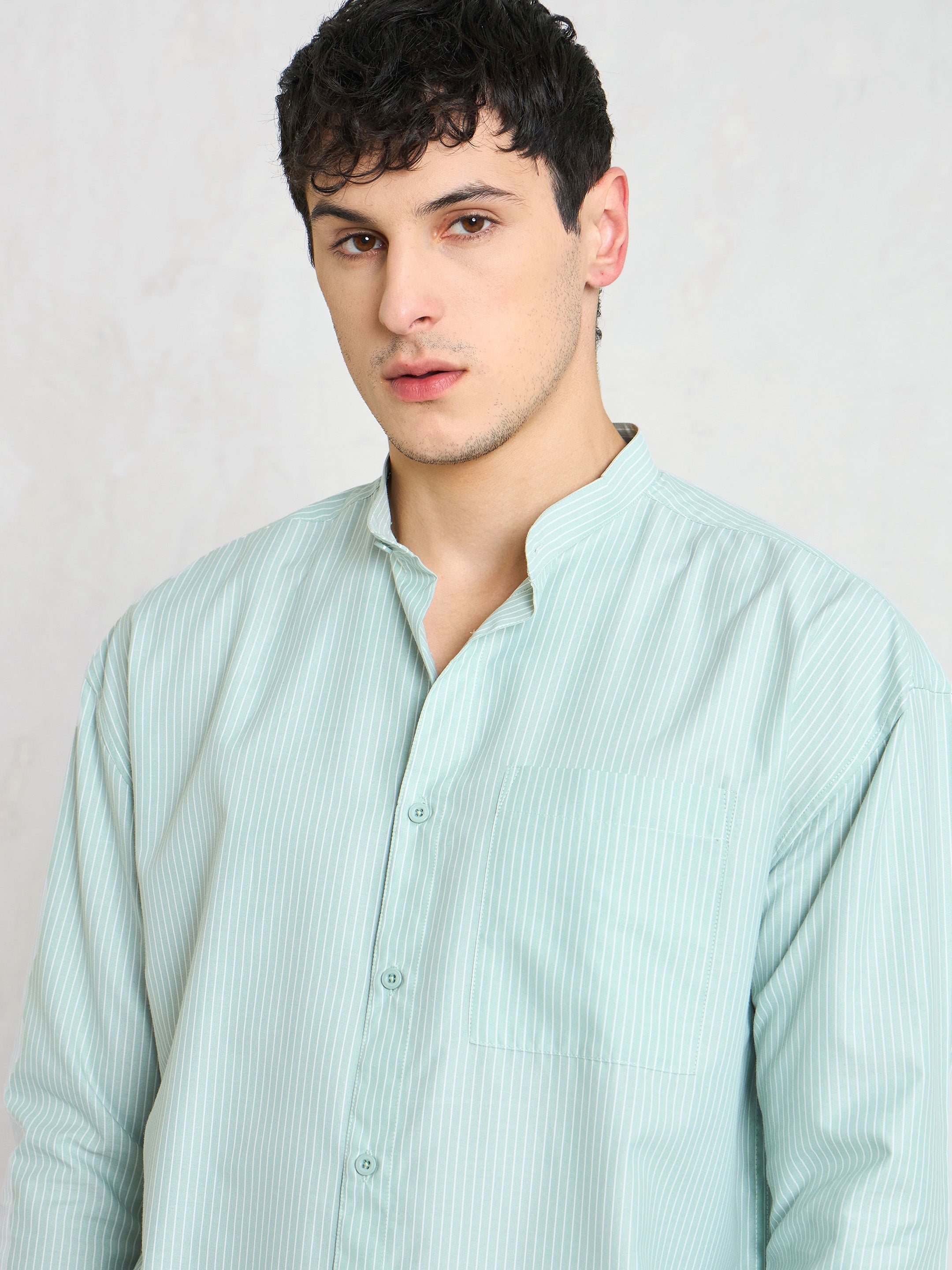 Men Green & White Stripes Mandarin Collar Relax Fit Shirt-MSSHRT20617
