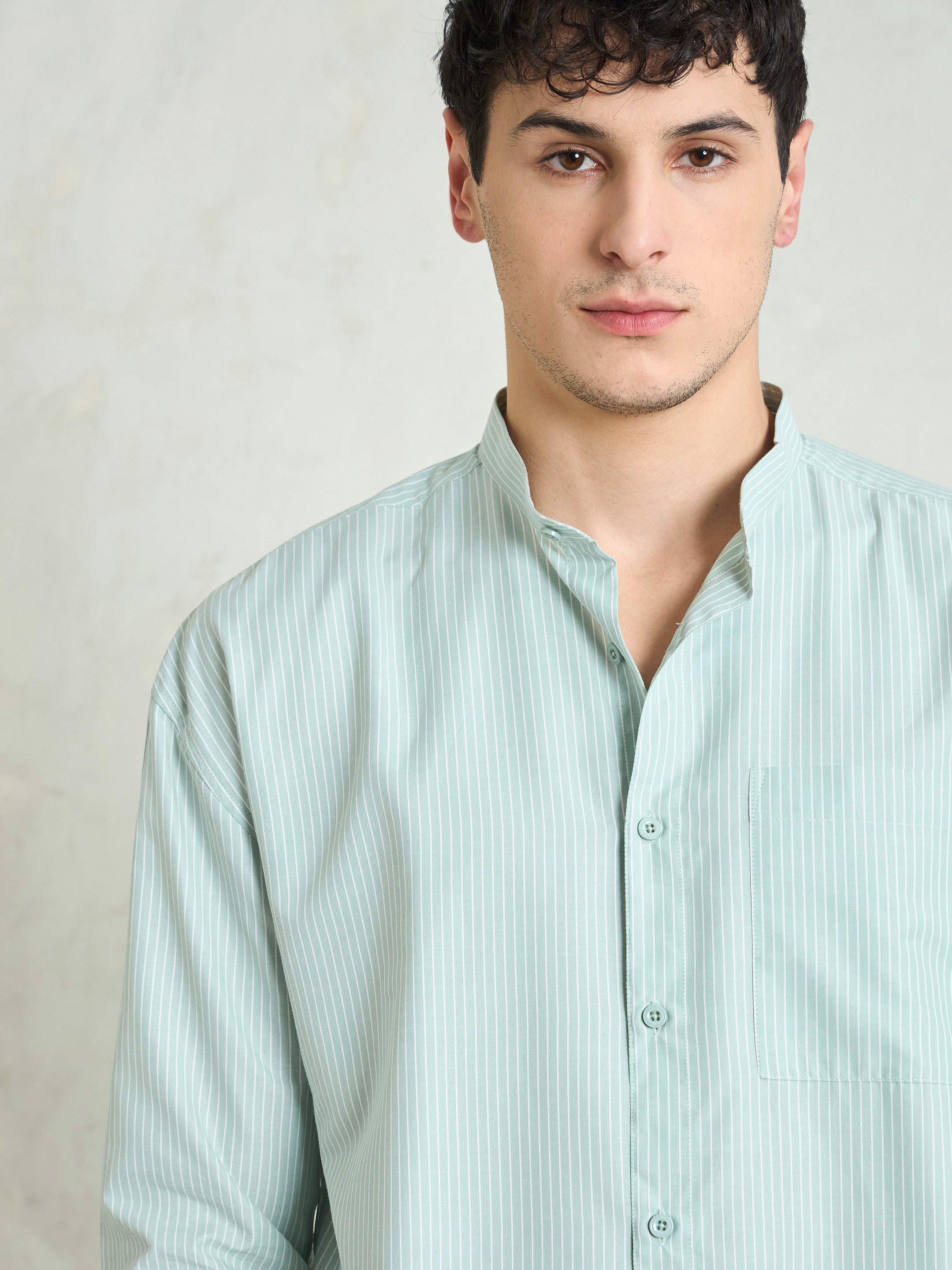 Men Green & White Stripes Mandarin Collar Relax Fit Shirt-MSSHRT20617