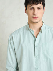 Men Green & White Stripes Mandarin Collar Relax Fit Shirt-MSSHRT20617