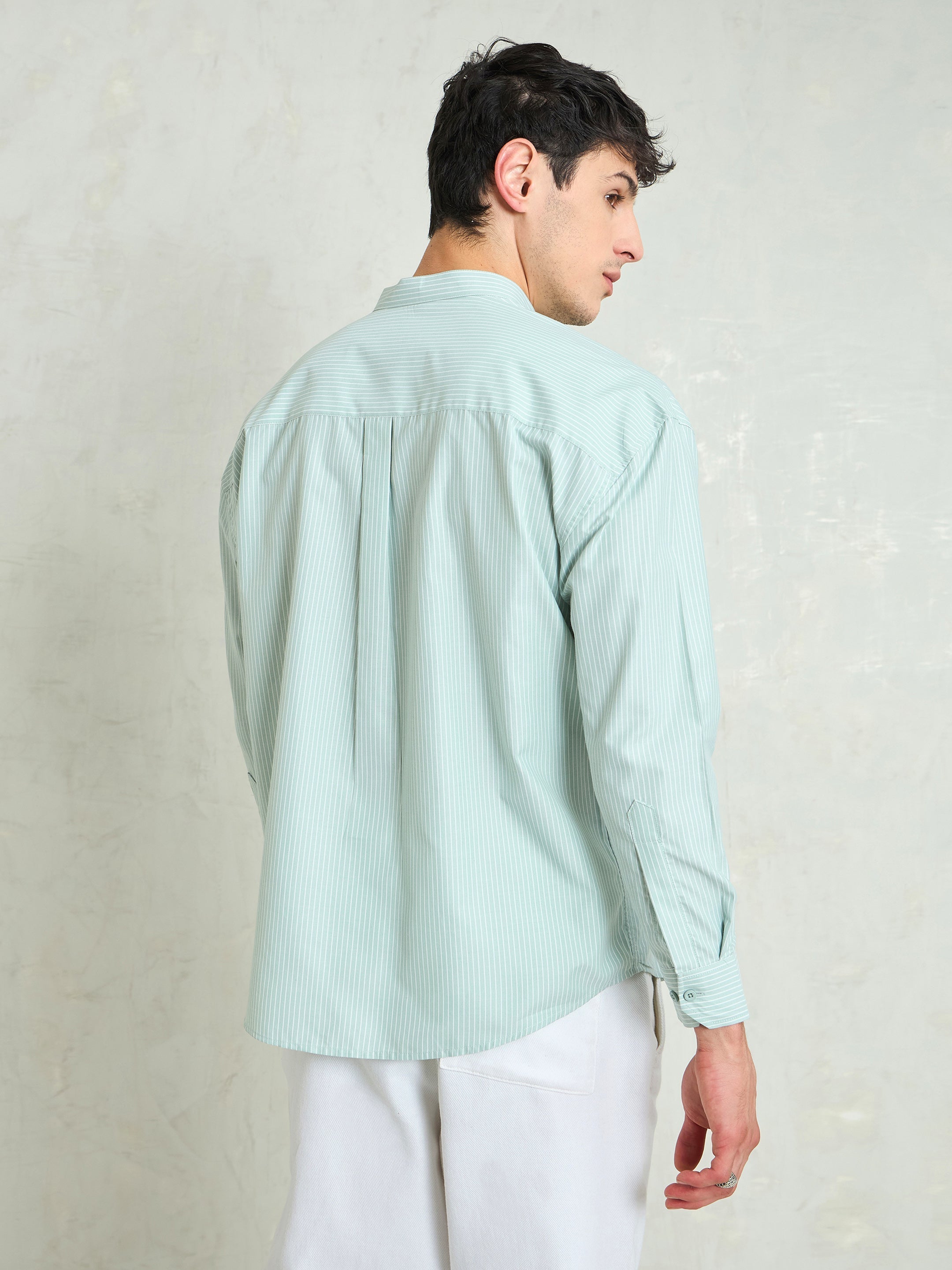 Men Green & White Stripes Mandarin Collar Relax Fit Shirt-MSSHRT20617