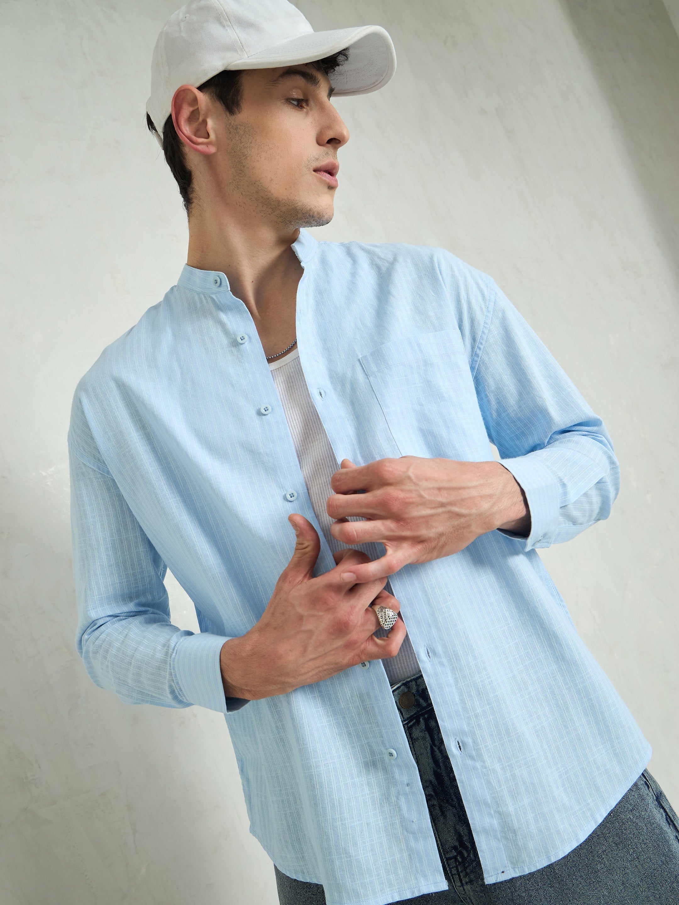 Men Blue & White Stripes Mandarin Collar Relax Fit Shirt-MSSHRT20619