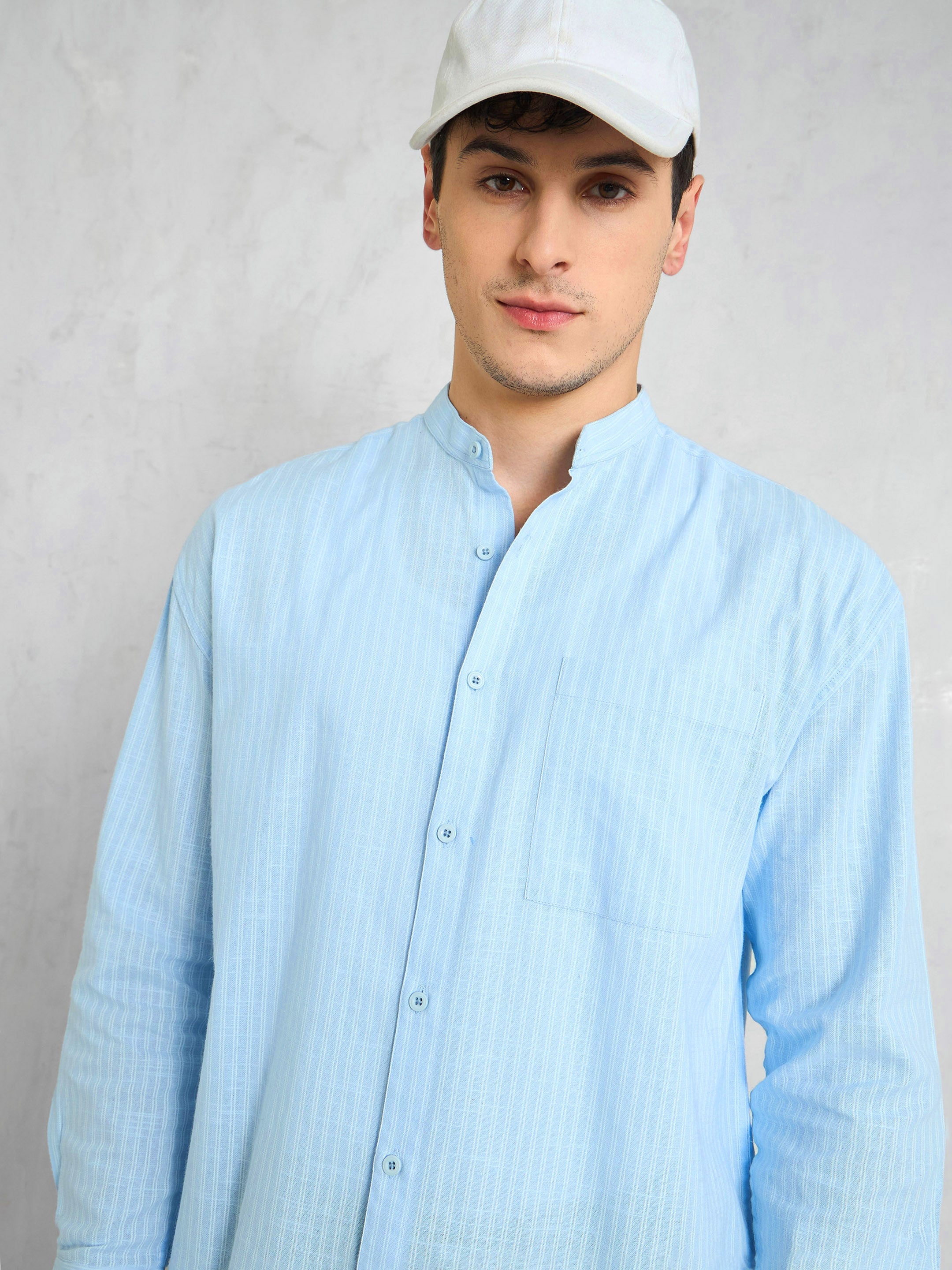 Men Blue & White Stripes Mandarin Collar Relax Fit Shirt-MSSHRT20619