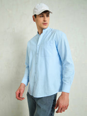 Men Blue & White Stripes Mandarin Collar Relax Fit Shirt-MSSHRT20619