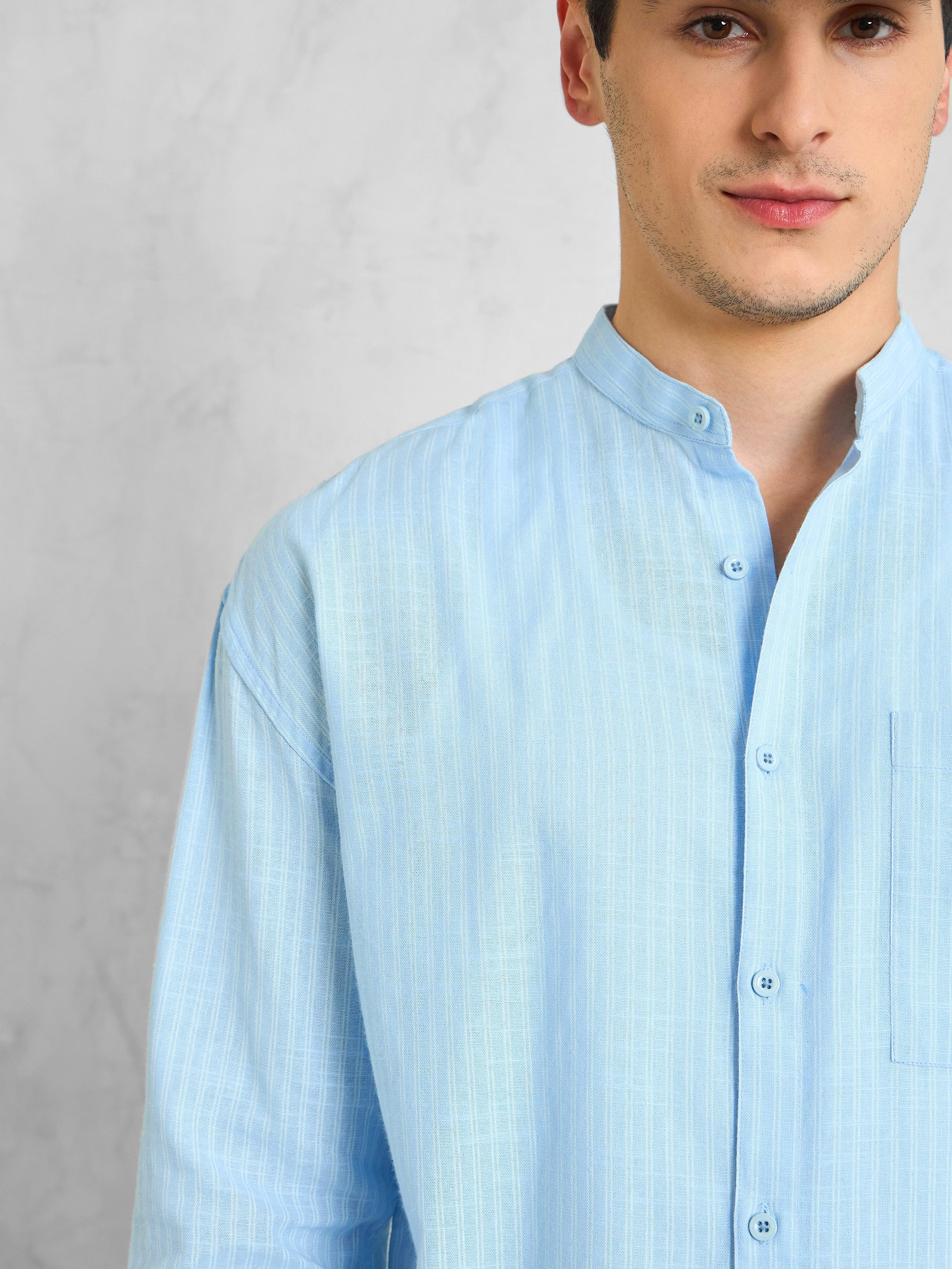 Men Blue & White Stripes Mandarin Collar Relax Fit Shirt-MSSHRT20619