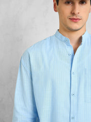 Men Blue & White Stripes Mandarin Collar Relax Fit Shirt-MSSHRT20619