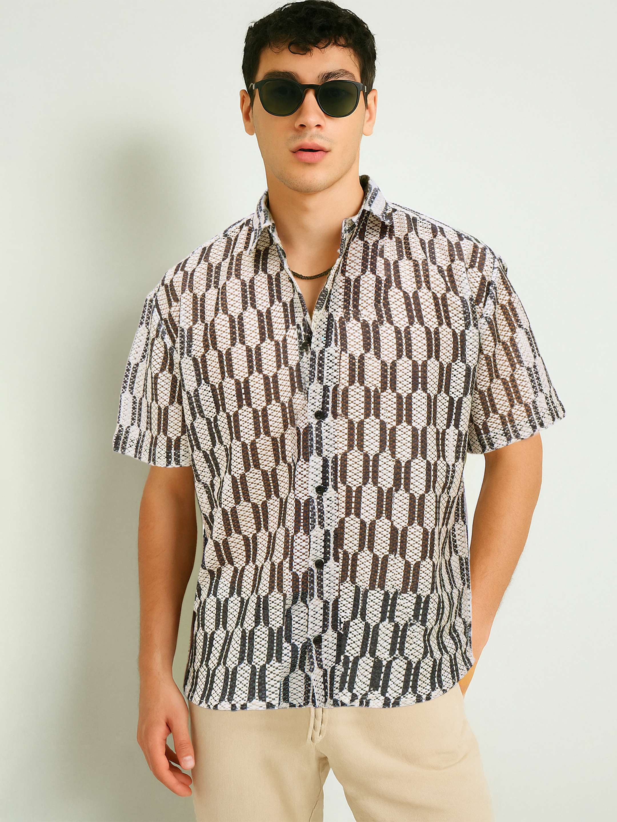 Men Beige & Black Geometric Print Crochet Shirt-MSSHRT20625