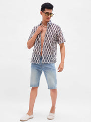 Men Beige & Black Geometric Print Crochet Shirt-MSSHRT20625