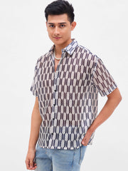 Men Beige & Black Geometric Print Crochet Shirt-MSSHRT20625