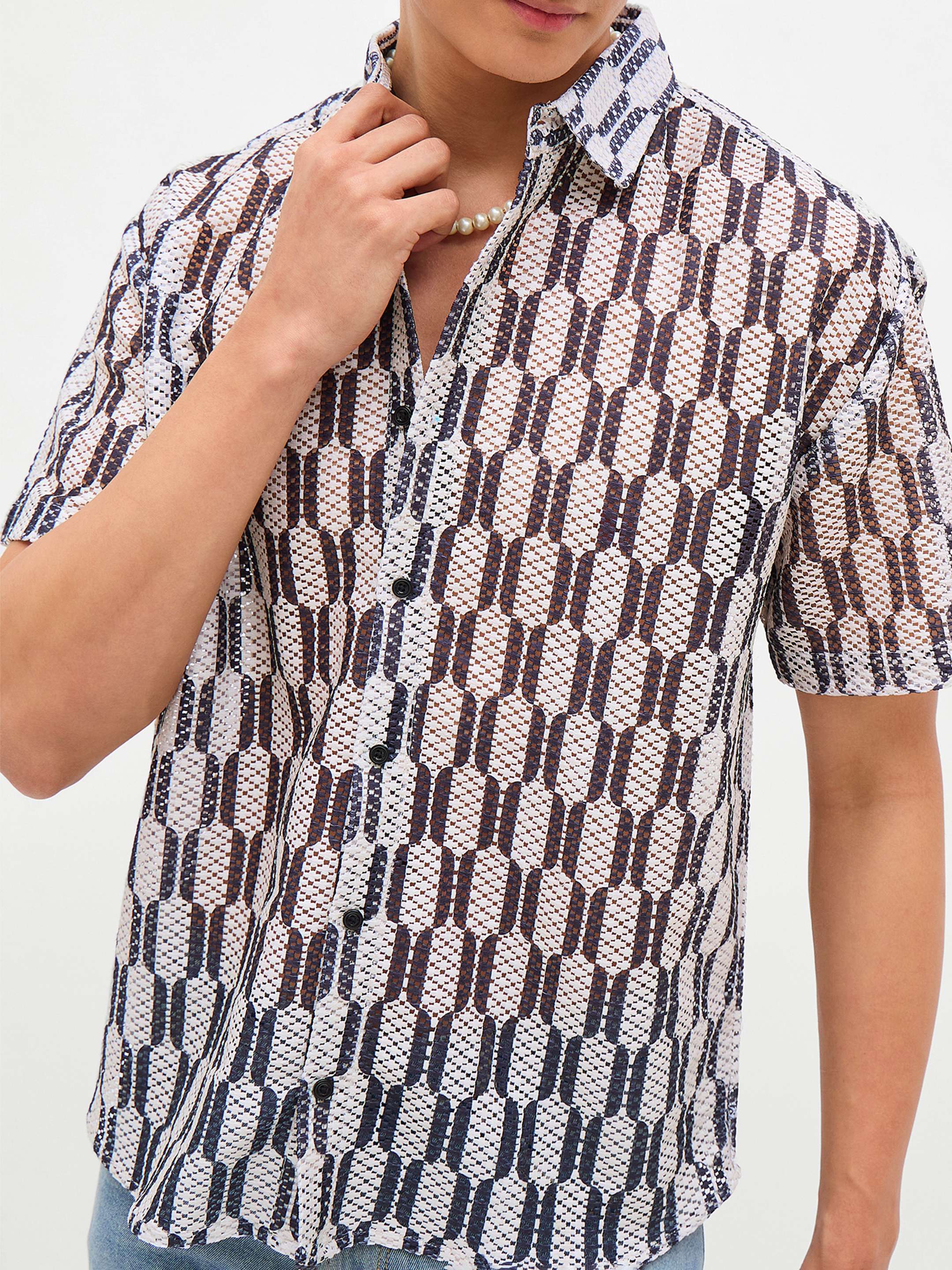 Men Beige & Black Geometric Print Crochet Shirt-MSSHRT20625