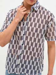 Men Beige & Black Geometric Print Crochet Shirt-MSSHRT20625