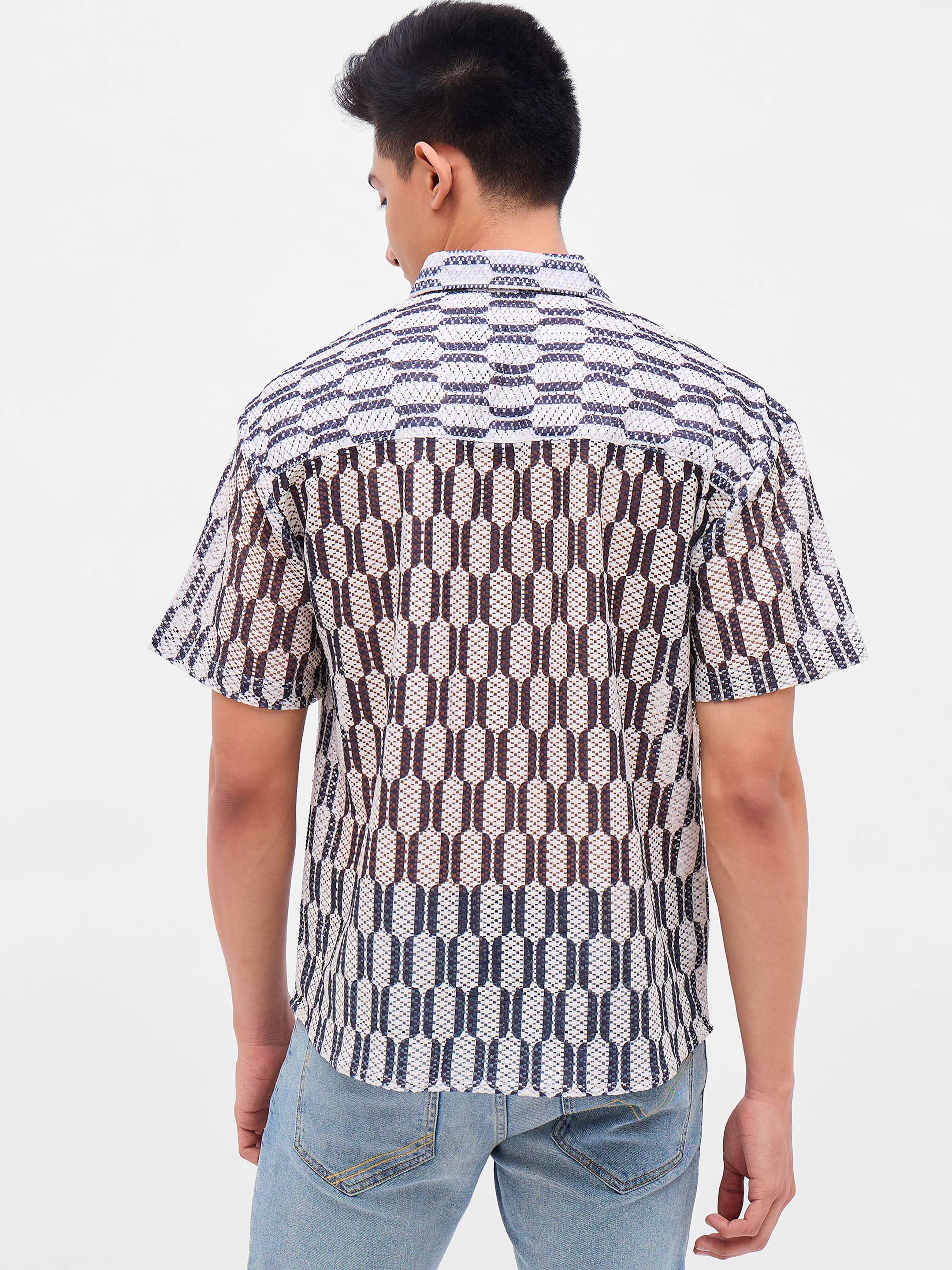 Men Beige & Black Geometric Print Crochet Shirt-MSSHRT20625