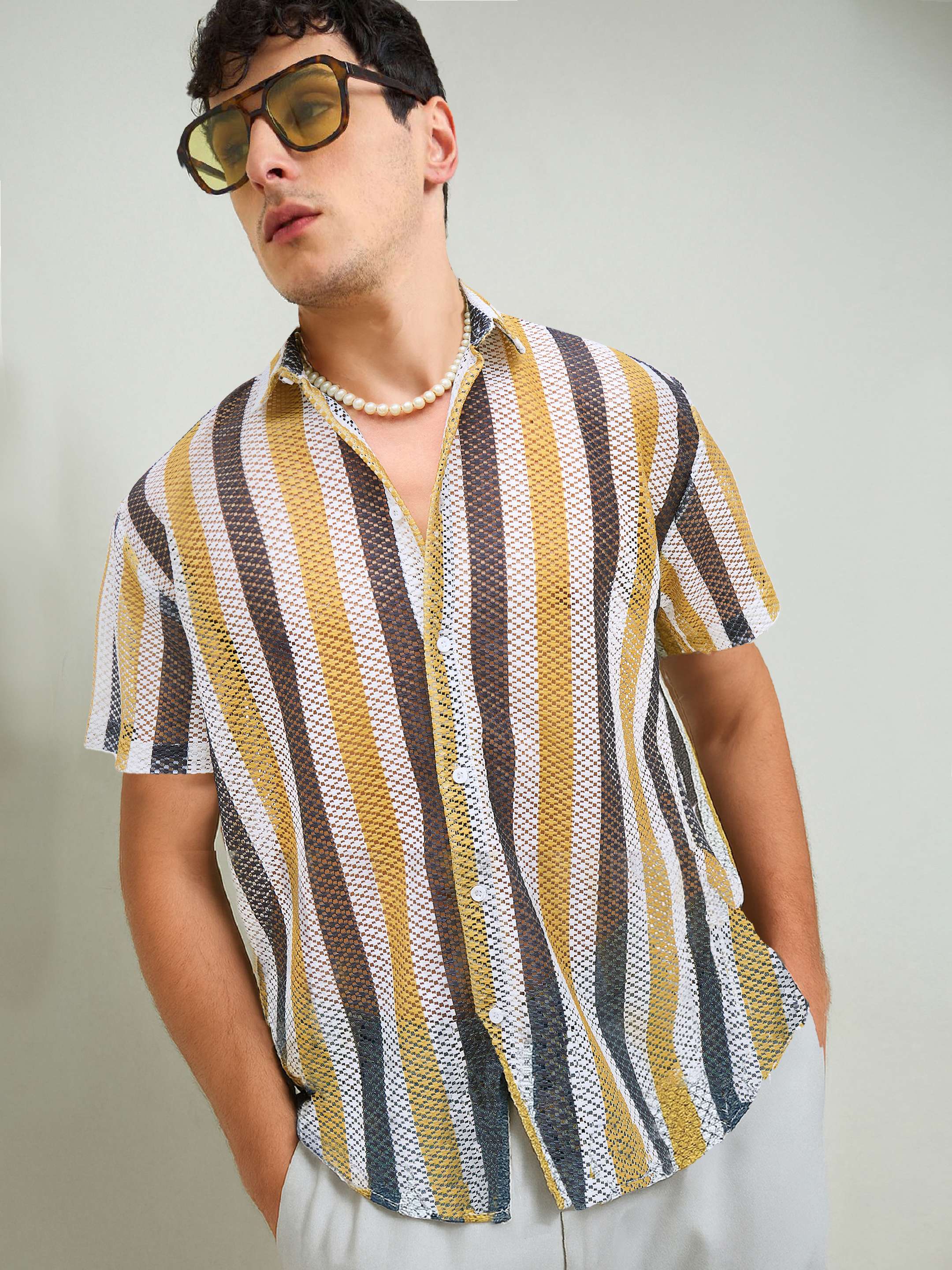 Men Mustard & White Stripes Crochet Shirt-MSSHRT20626