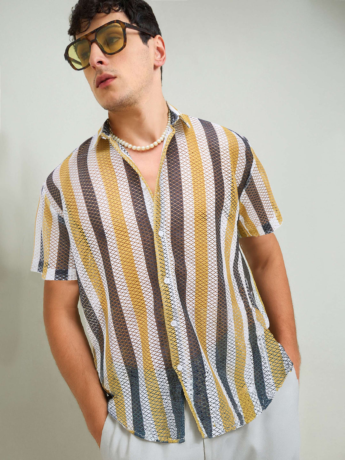 Men Mustard & White Stripes Crochet Shirt-MSSHRT20626