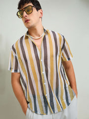 Men Mustard & White Stripes Crochet Shirt-MSSHRT20626