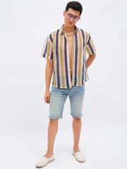 Men Mustard & White Stripes Crochet Shirt-MSSHRT20626
