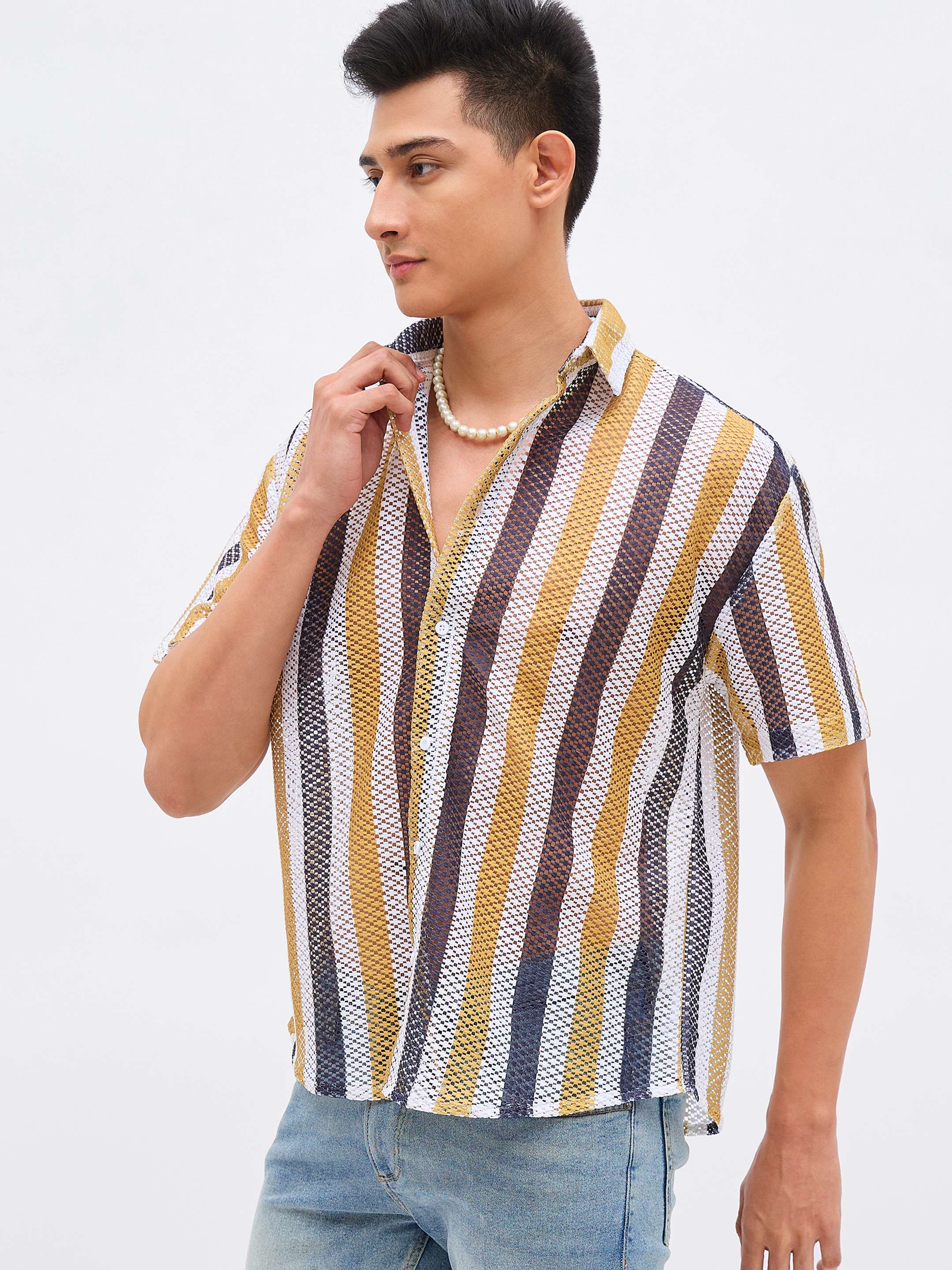 Men Mustard & White Stripes Crochet Shirt-MSSHRT20626