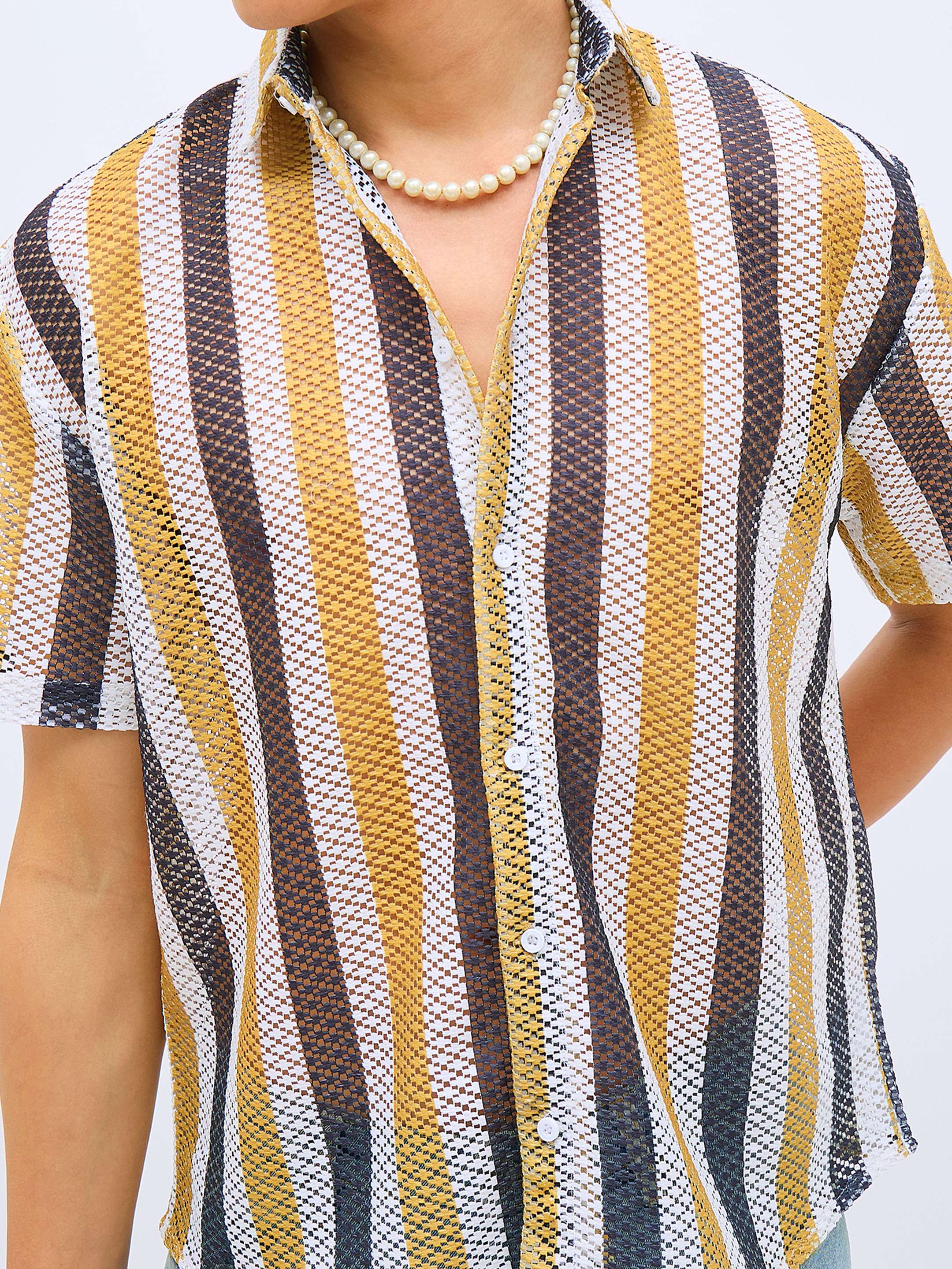 Men Mustard & White Stripes Crochet Shirt-MSSHRT20626