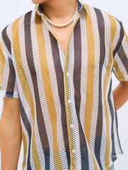 Men Mustard & White Stripes Crochet Shirt-MSSHRT20626