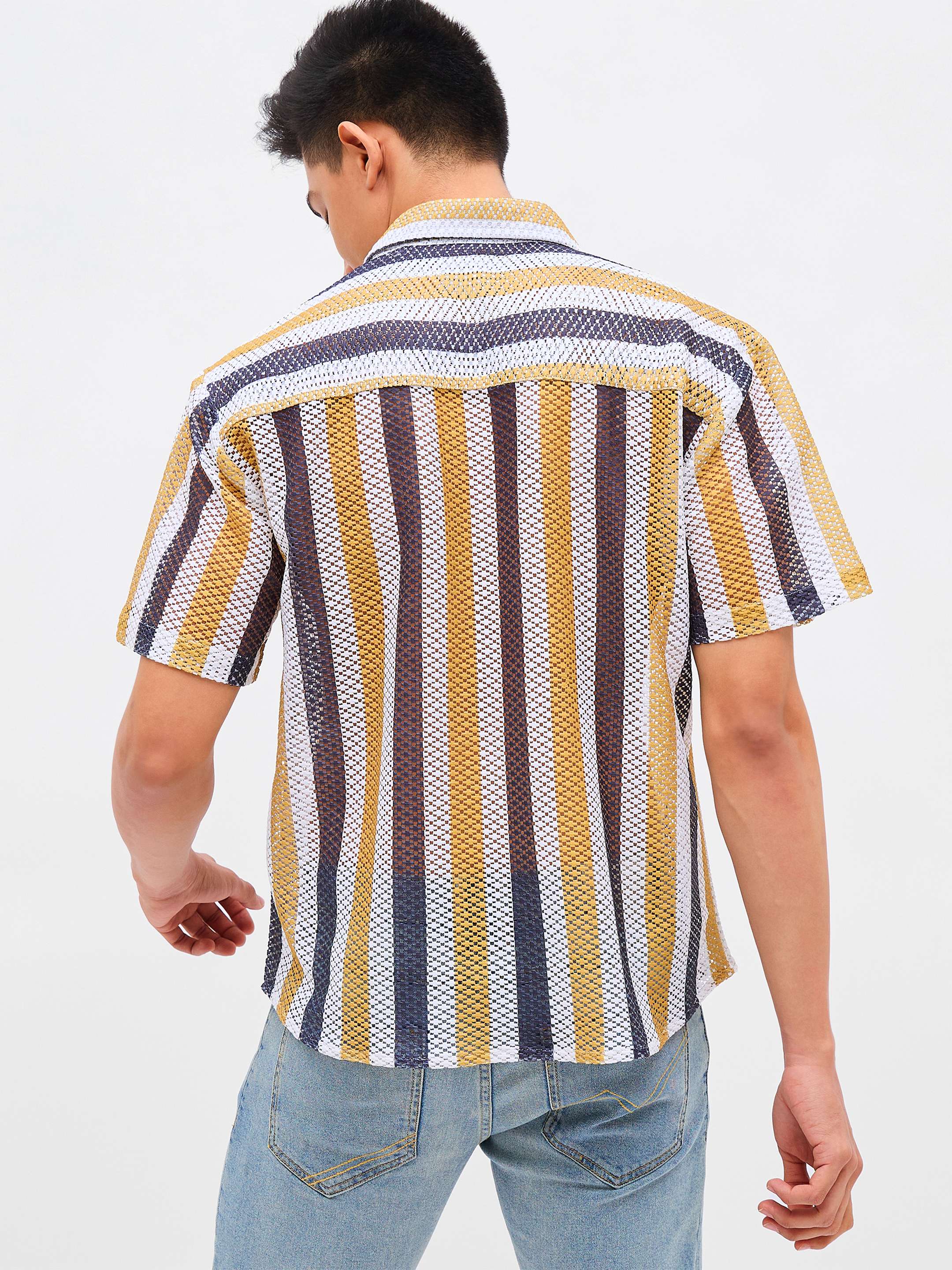 Men Mustard & White Stripes Crochet Shirt-MSSHRT20626