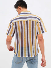 Men Mustard & White Stripes Crochet Shirt-MSSHRT20626