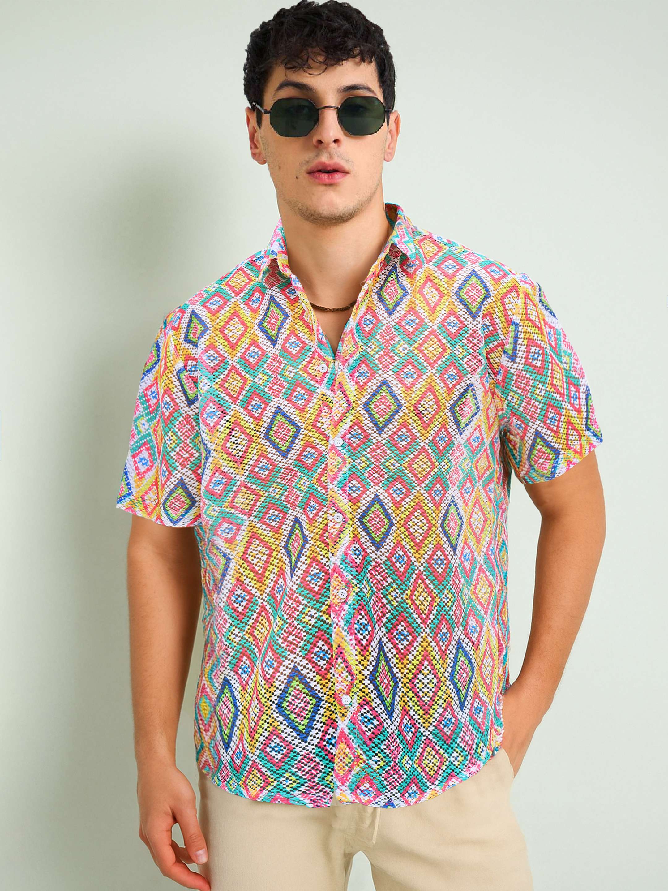 Men Multi Color Geometric Print Crochet Shirt-MSSHRT20628