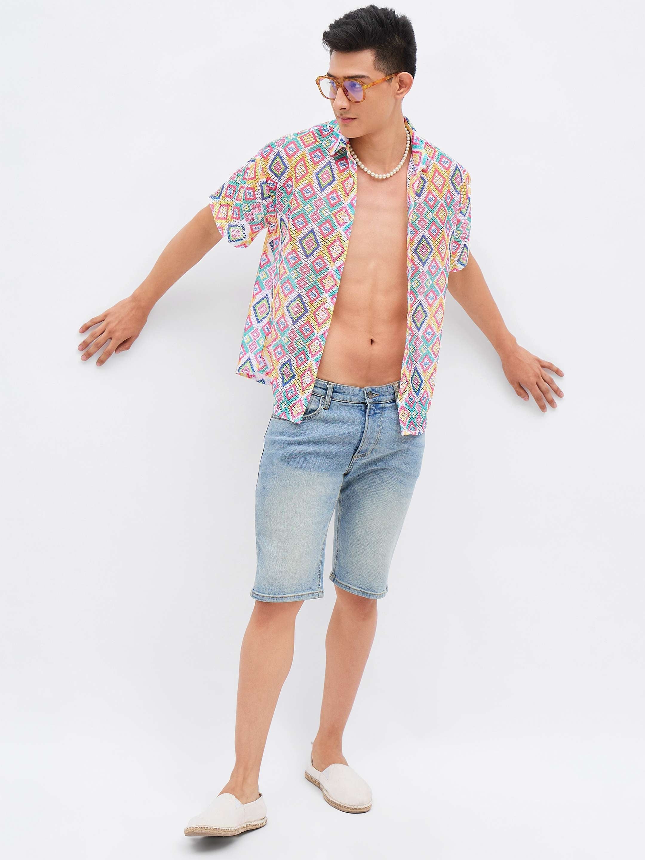 Men Multi Color Geometric Print Crochet Shirt-MSSHRT20628