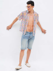 Men Multi Color Geometric Print Crochet Shirt-MSSHRT20628