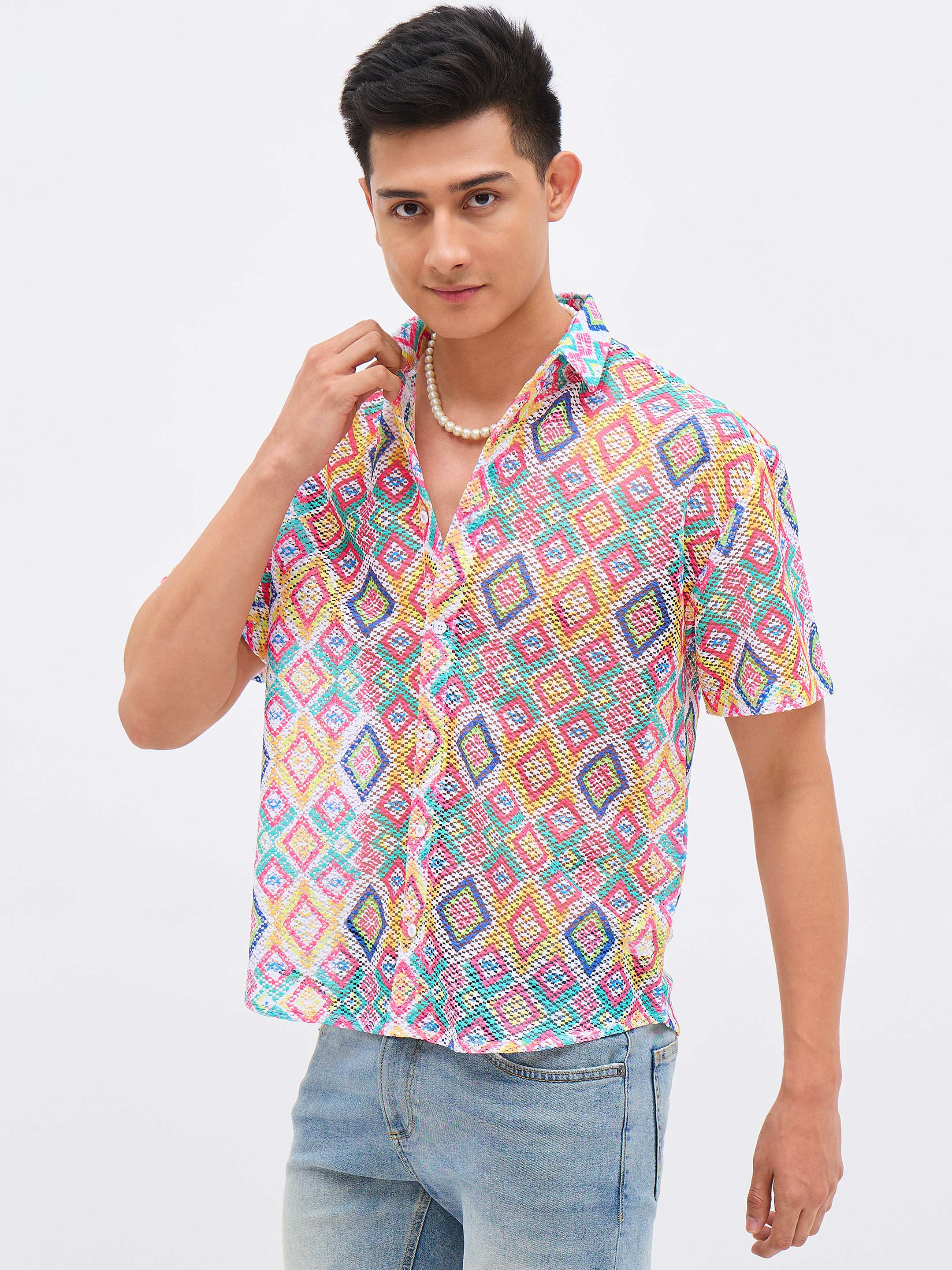 Men Multi Color Geometric Print Crochet Shirt-MSSHRT20628