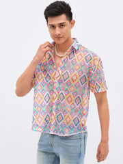 Men Multi Color Geometric Print Crochet Shirt-MSSHRT20628