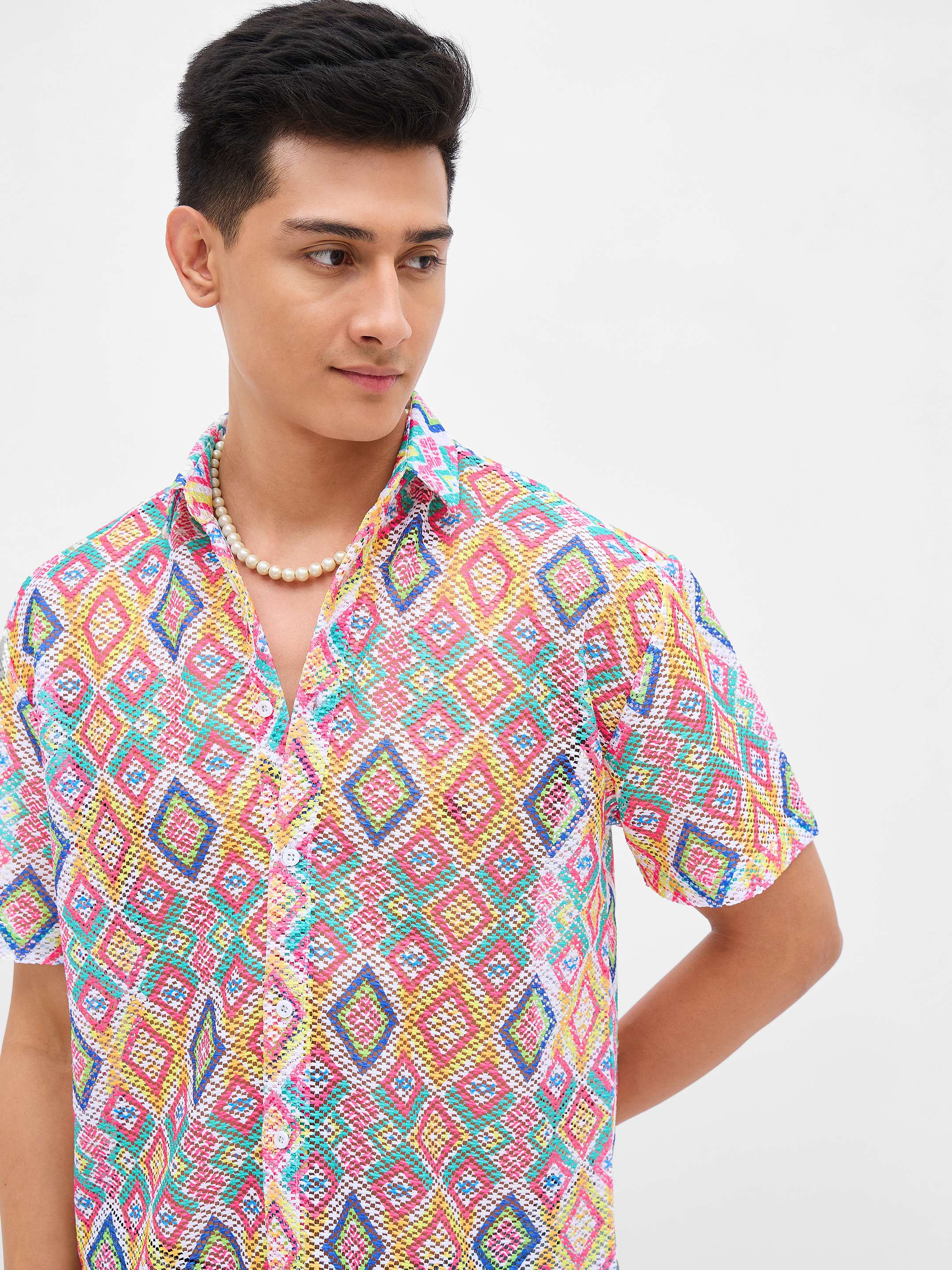 Men Multi Color Geometric Print Crochet Shirt-MSSHRT20628