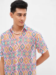 Men Multi Color Geometric Print Crochet Shirt-MSSHRT20628
