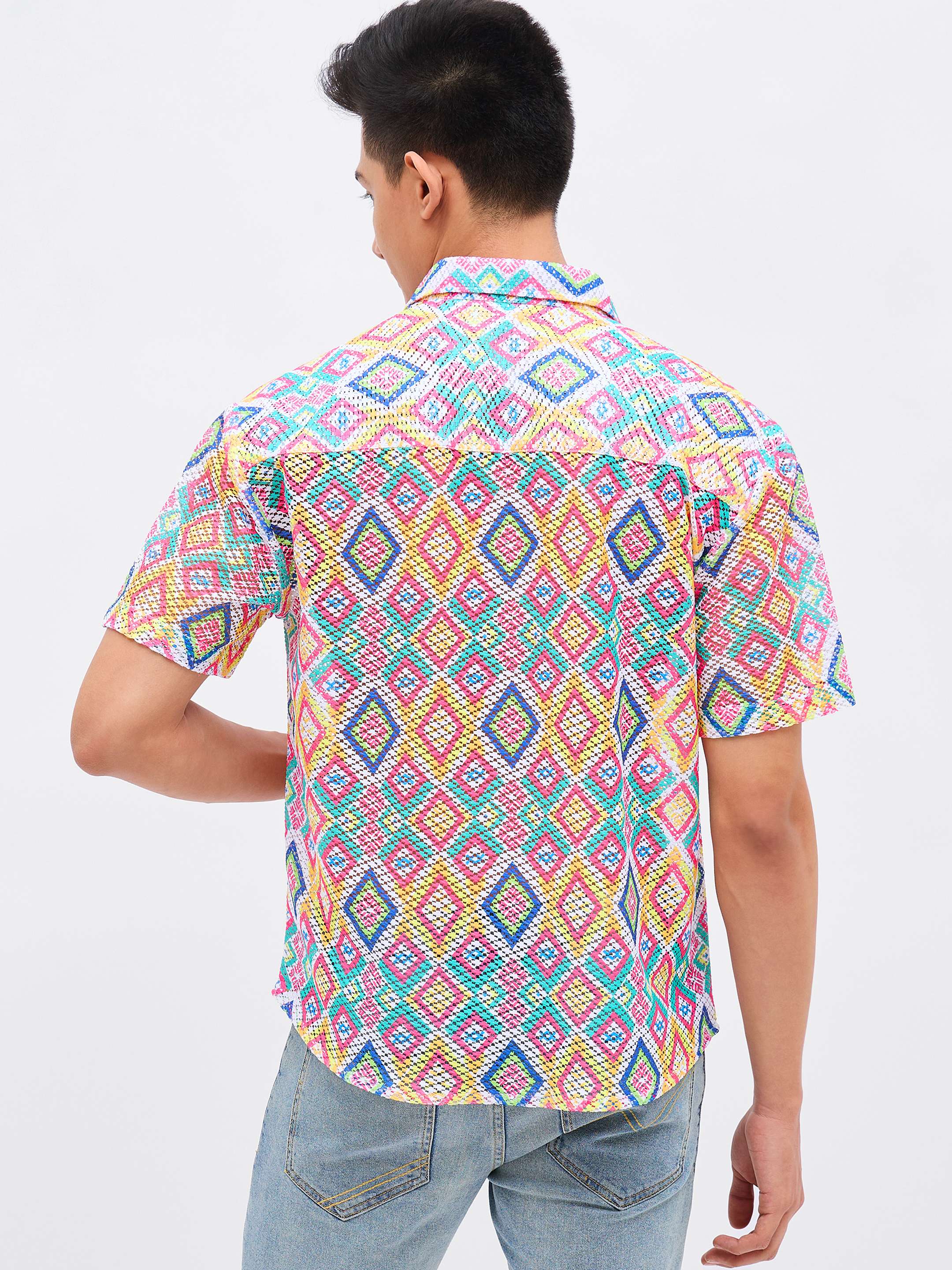 Men Multi Color Geometric Print Crochet Shirt-MSSHRT20628
