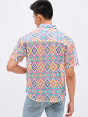Men Multi Color Geometric Print Crochet Shirt-MSSHRT20628
