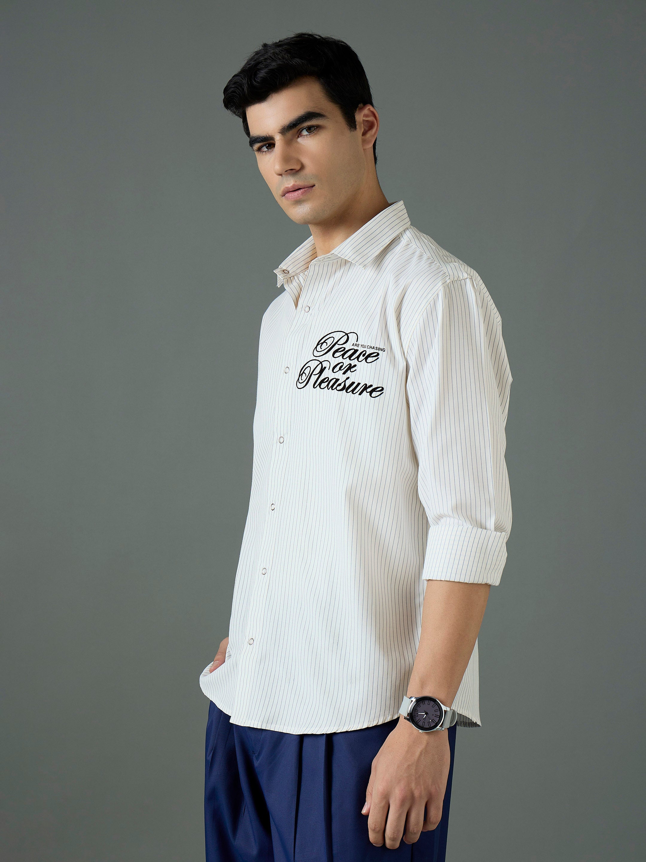 Men White & Blue PEACE OR PLEASURE Relax Fit Shirt-MSSHRT20691