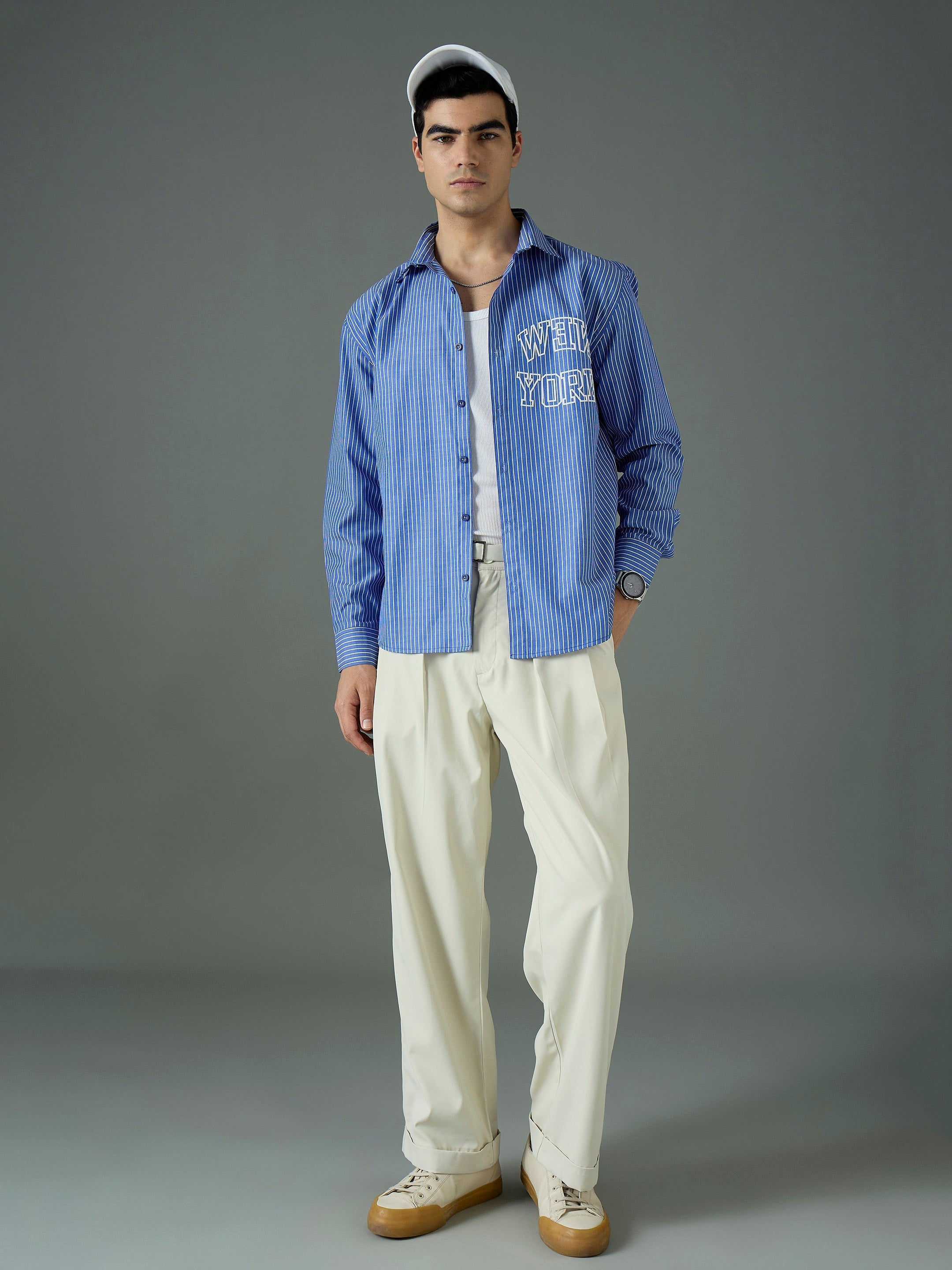 Men Navy & White NEW YORK Relax Fit Shirt-MSSHRT20692