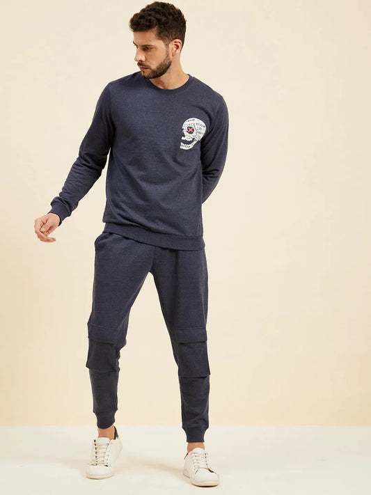 Men Blue Melange Skull Print Sweatshirt 1080
