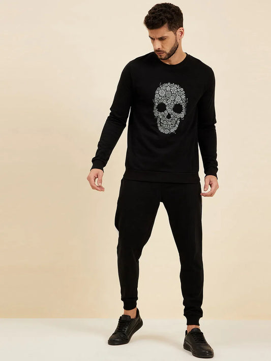 Men Black Floral Skull Print Sweatshirt 1080