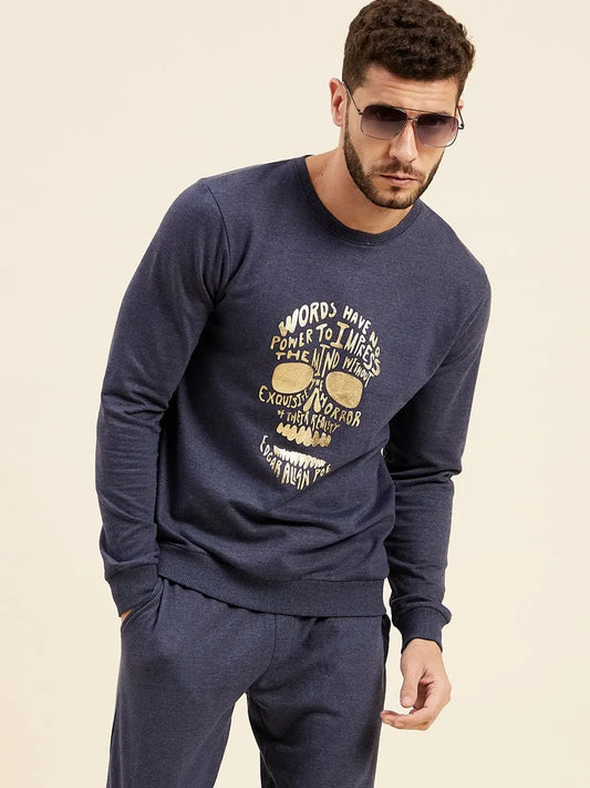 Men Blue Melange Foil Print Sweatshirt 1080