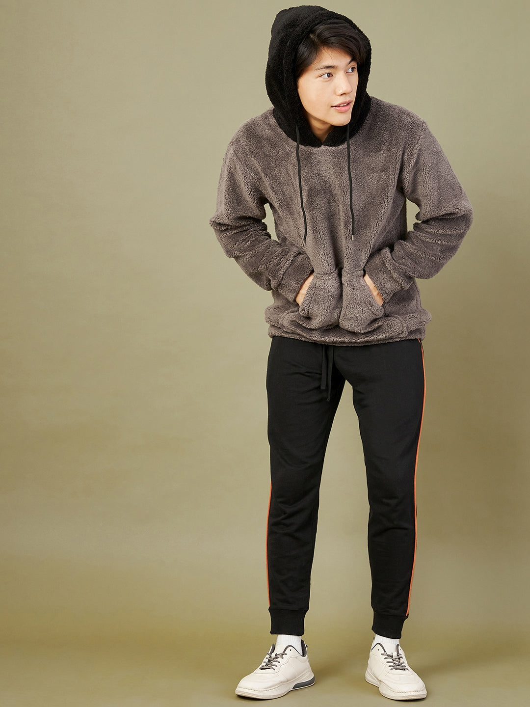 Men Charcoal Grey Fur Colorblock Hoodie-MSSWSH70155