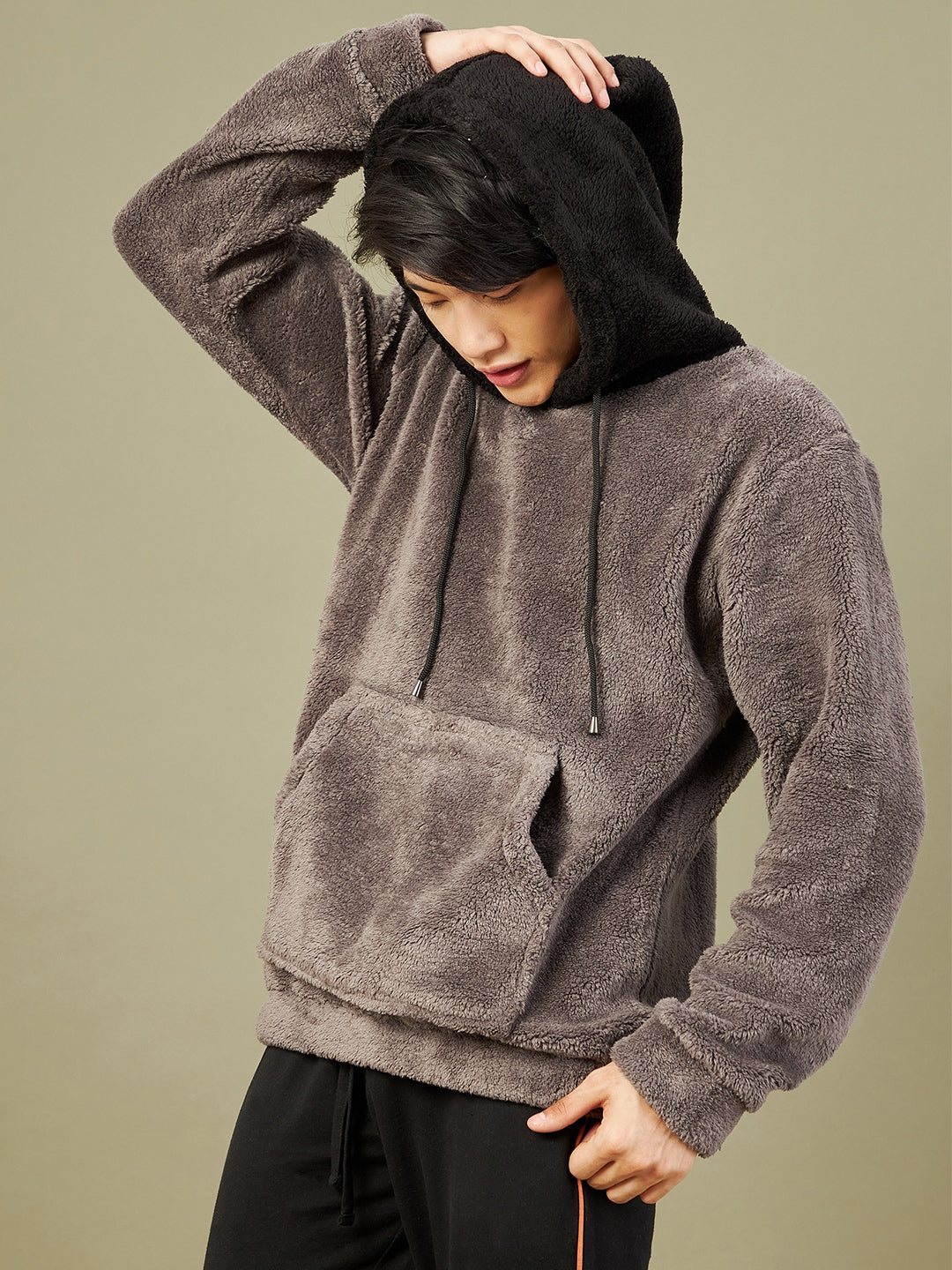 Men Charcoal Grey Fur Colorblock Hoodie-MSSWSH70155