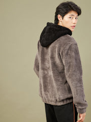 Men Charcoal Grey Fur Colorblock Hoodie-MSSWSH70155