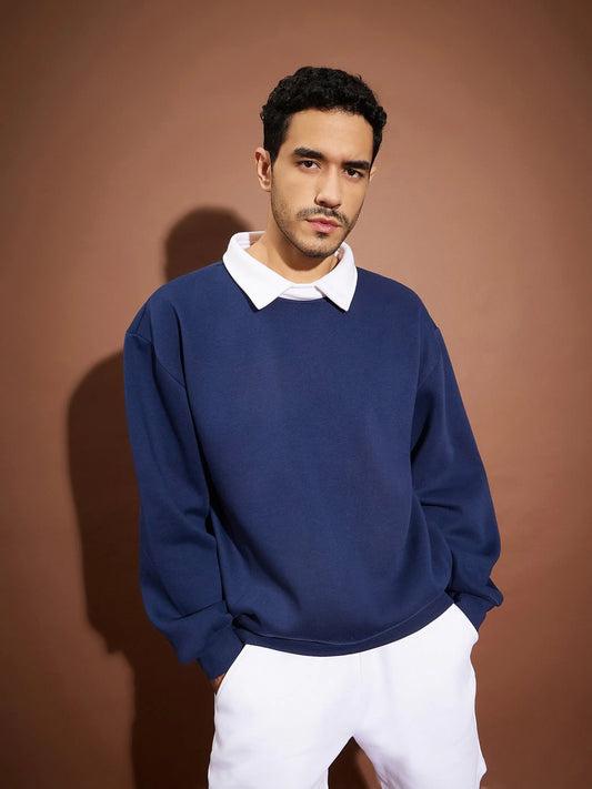 Men Navy Contrast Collar Oversized Sweatshirt 2160