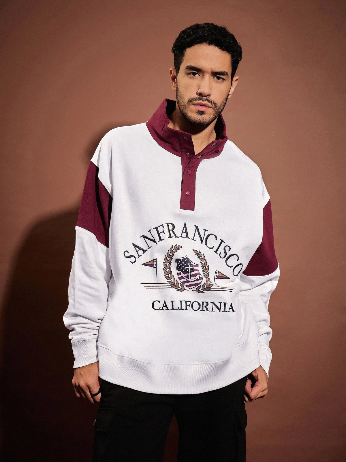 Men White & Maroon San Francisco Front Button Sweatshirt