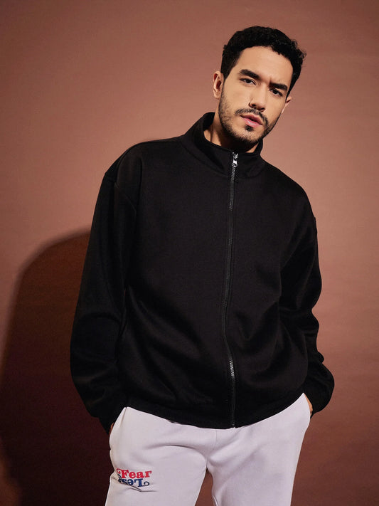 Men Black Front Zipper Oversized Sweatshirt 2160
