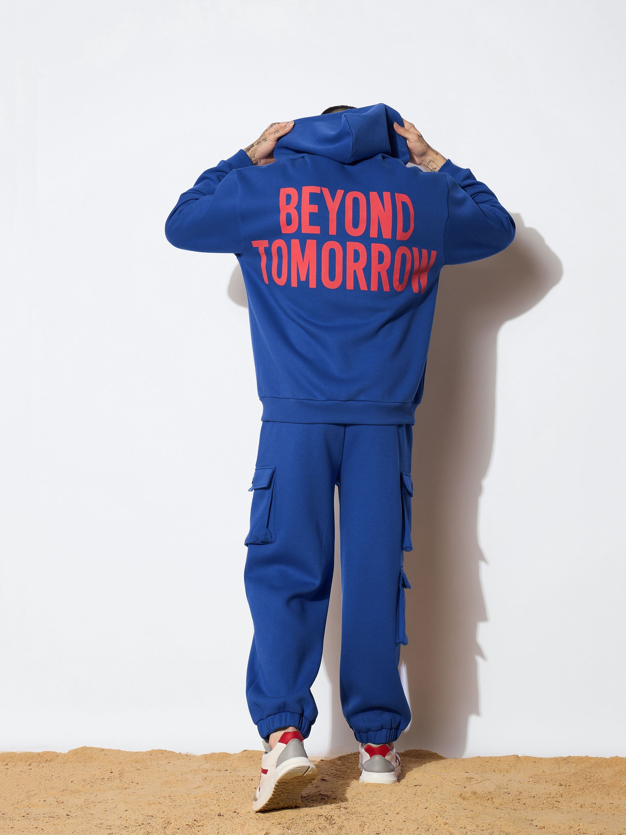 Men Blue BEYOND TOMORROW Oversized Zipper Hoodie with Joggers-MSSWSH70232_MSPANT50910